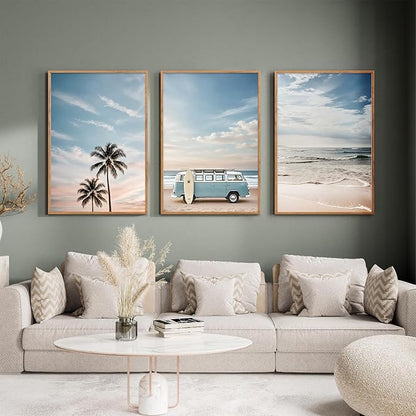 Ausril Large Surfboard Ocean Beach Framed Canvas Wall Art Set, Coastal Beach Wall Decor, Bus and Palm Tree Wall Painting, Blue Van Seaside Art Prints for Living Room, Bedroom, Dining Room - 16"x24"x3