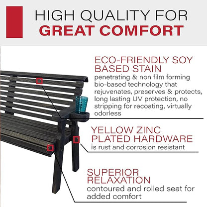 Amish Casual Heavy Duty Pressure Treated 5 Foot Outdoor Garden Bench with Cup Holders - Amish Crafted Roll Back Design in Black Stain, 700 Lb Weight Capacity