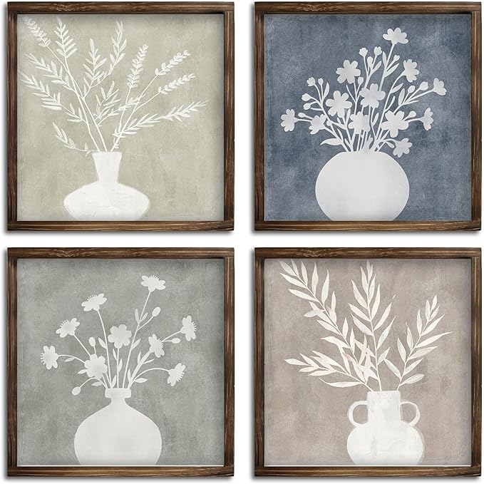 Pinetree Art Framed Boho Botanical Wall Art Set of 4, Plant Floral Wood Prints, Rustic Farmhouse Vintage Decor for Kitchen Living Room