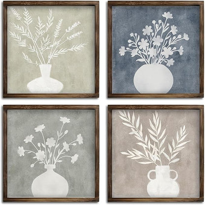 Pinetree Art Framed Boho Botanical Wall Art Set of 4, Plant Floral Wood Prints, Rustic Farmhouse Vintage Decor for Kitchen Living Room