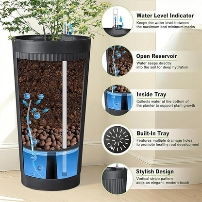 24" Tall Self Watering Planters for Indoor Plants, 2 Pack Large Plastic Outdoor Planter Pots with Built-In Water Reservoir and Level Indicator, Decorative Modern Flower Pots for Home & Patio (Black)