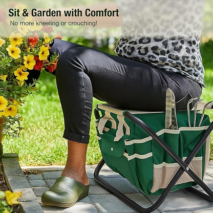 GardenHOME 7-Piece Gardening Tool Set – Stainless Steel Tools with Wooden Handles, Folding Stool & Canvas Tote, Durable Garden Kit for Women and Beginners