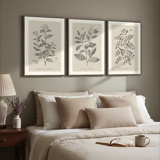 Framed Vintage Botanical Wall Art, 3 Piece Neutral Floral Plants Canvas Painting Prints Artwork for Living Room, Rustic Flowers Pictures for Farmhouse Bedroom Kitchen Dining Room Home Decor, 16x24
