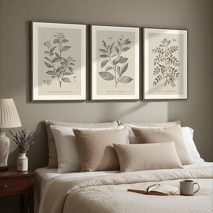 Framed Vintage Botanical Wall Art, 3 Piece Neutral Floral Plants Canvas Painting Prints Artwork for Living Room, Rustic Flowers Pictures for Farmhouse Bedroom Kitchen Dining Room Home Decor, 16x24