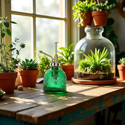 Glass Plant Mister Spray Bottle, 230ML Vintage Plant Spritzer, Succulent Watering Bottle Glass with Top Pump, Small Plants Sprayer Watering Can for Indoor Outdoor House(Green)