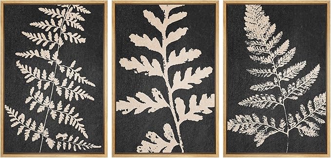 Ashbrook Framed Canvas Print Wall Art Set Black Forest Fern Plant Silhouette Nature Wilderness Illustrations Modern Art Rustic Chic Colorful for Living Room, Bedroom, Office - 24"x36"x3 Natural