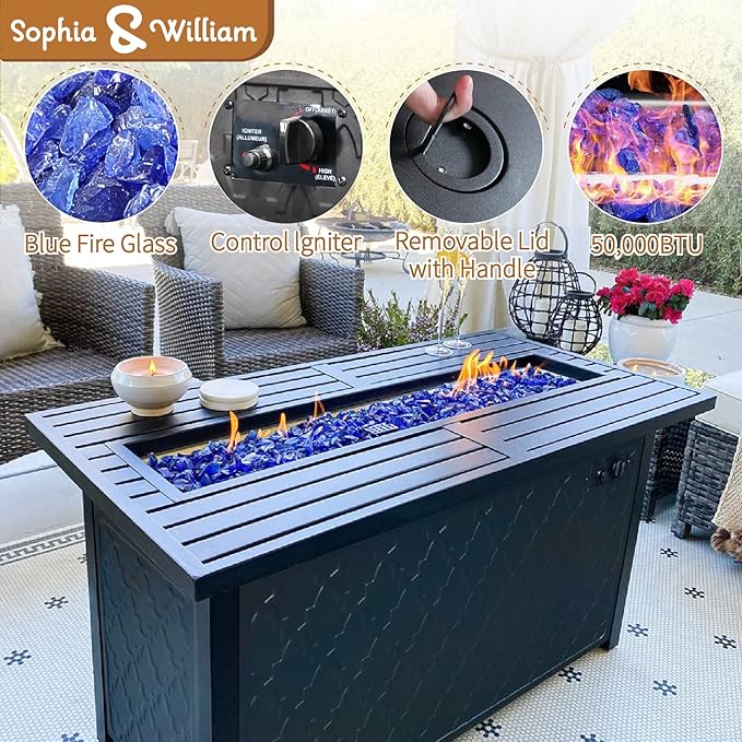 Sophia & William Patio Furniture Sets with 45" Gas Fire Pit Table Outdoor Metal Conversation Sets for 5, 2 x Swivel Cushioned Patio Sofa Chairs, 1 x 3-Seat Sofa 4 Pieces for Lawn Backyard Red