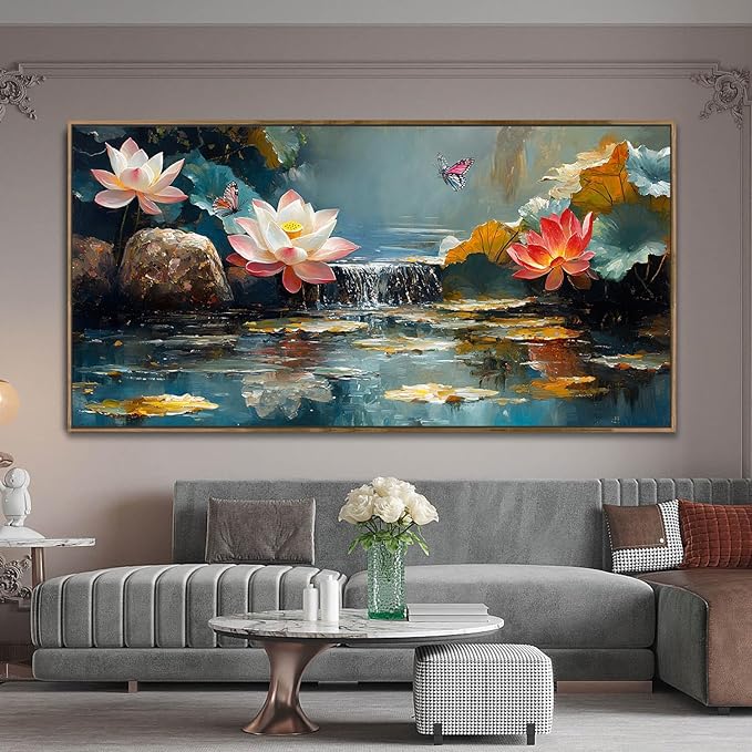 Anolyfi Lotus Canvas Large Framed Wall Art for Living Room, Lotus Wall Decor Zen Yoga Painting Artwork for Spa Bedroom Hallway Dining Room Office Home Decor, 40"x20"