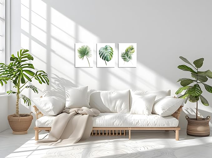 TutuBeer 3 Panels Botanical Plant Wall Art Green Plant Picture Neutral Botanical Wall Prints Aesthetic Leaf Picture for Living Room Kitchen Hallway Bedroom Ready to Hang Each Panel 12"X16"