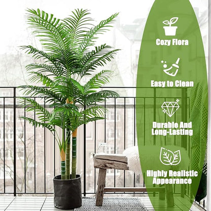6ft Tall Golden Cane Artificial Tree Palm Outdoor, Large Artificial Plants Outdoor Faux Palm Tree with 3 Textured Trunks, Fake Tree for Indoor Outdoor Office Living Room Outside Patio