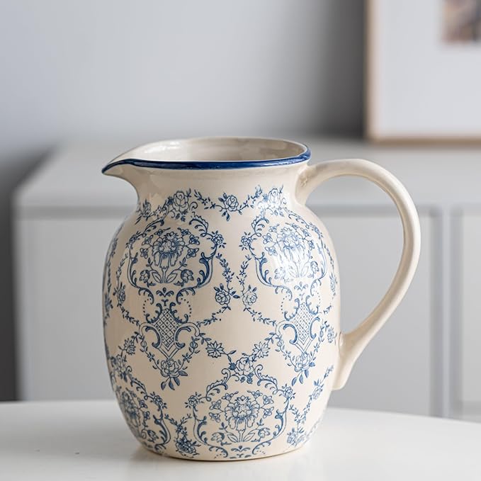 Blue and White Vase, Vintage Blue Ceramic Flower Vessel,Ceramic vases for Home Decor,Vintage Vase for Home Decor, Living Room, Shelf, Office, Rustic Table Centerpiece (Round with Handle)