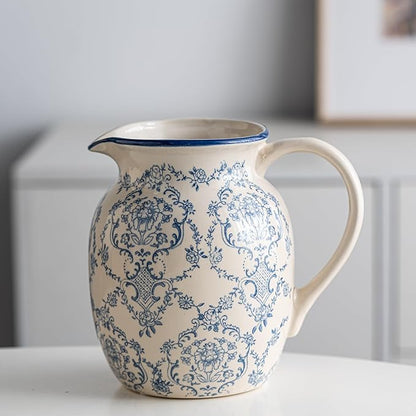 Blue and White Vase, Vintage Blue Ceramic Flower Vessel,Ceramic vases for Home Decor,Vintage Vase for Home Decor, Living Room, Shelf, Office, Rustic Table Centerpiece (Round with Handle)