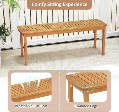 Tangkula Acacia Wood Outdoor Bench, 47" 2-Person Patio Dining Bench with Slatted Seat, Backless Wooden Entryway Bench, Farmhouse Indoor Outdoor Bench for Garden, Poolside, Deck & Park (1,Natural)