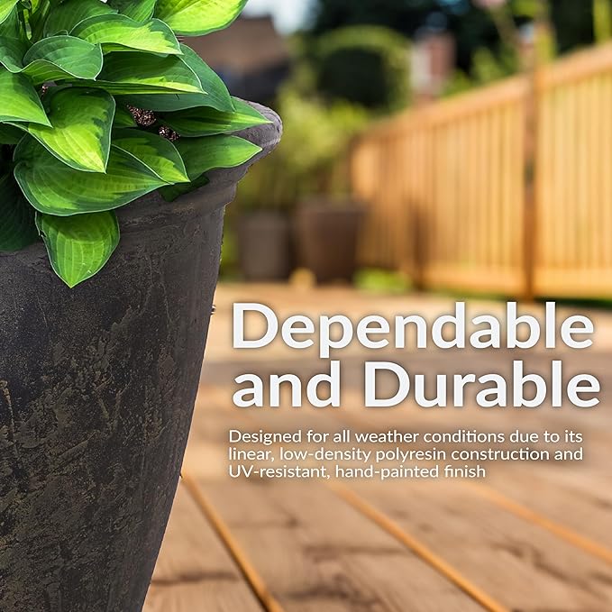 Sunnydaze 24-Inch Anjelica Large Plastic Pot for Plants - Double-Walled Outdoor Polyresin Round Planter Porch Pot with Drillable Drainage Holes - Sable - 2pk