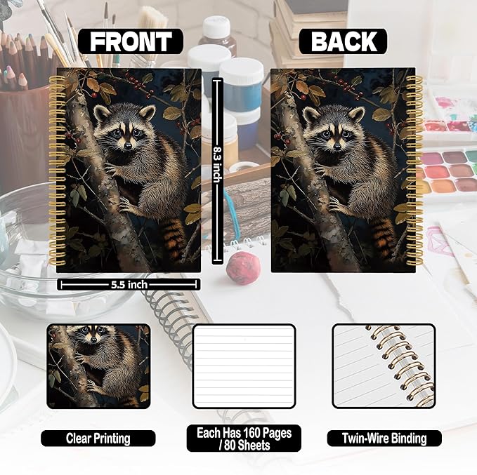 XPH Raccoon Gifts Spiral Notebook, Cottagecore Raccoon Journaling Notebooks for Women, Christmas Trash Panda Hardcover Journals for Writing 160 Pages 5.5 x 8.3 Inch, Animal Lover Gifts