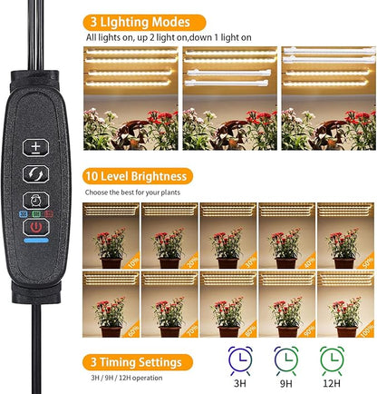 8.6 Inches LED Plant Growing Light Strips, Full Spectrum 3000K Grow Light for Indoor Plants with 3/9/12H Timer, 10 Dimmable Levels for Seedling Succulent and Plant Shelf (4 Head×2pcs)