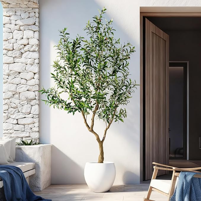 7FT Faux Olive Tree with Tall Exquisite Planter Artificial Olive Tree Tall, Potted Fake Olive Plant with 1710 Real Touch Leaves, Indoor Outdoor Home Garden Office Decor