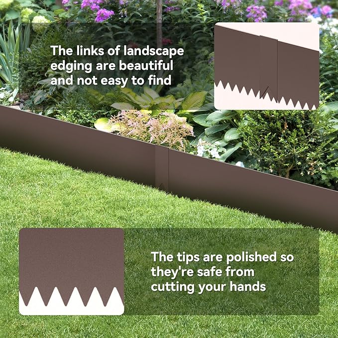 6PCS 40" L x 6" H Brown Landscape Edging - Each (20ft Total) Galvanized Steel Edge for Lawn Yard- No-Dig Hammer-in Heavy Duty Metal Edging Border with 6 Clips