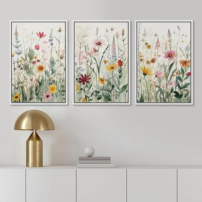 Ashbrook Framed Canvas Print Wall Art Set Garden Forest Wildflowers Nature Wilderness Illustrations Modern Art Decorative Floral Botanical Minimal Calm/Relax/Cozy for Bedroom - 24"x36"x3 WHITE