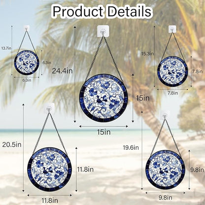 Stained Glass Window Hanging, Blue and White Abstract Flowers Sun Catcher for Door Home Decor Suncatcher Christmas Mother's Day Birthday Gifts for Women Men Mom and Nana 7.8 in