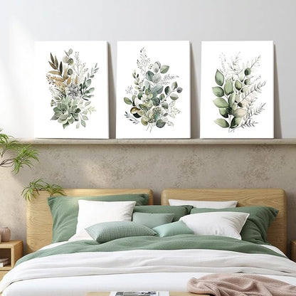 FYLDPSB 3 PCS Unframed Watercolor Floral Canvas Wall Art, Boho Sage Green Wildflower Wall Decor, Modern Flowers and plants Painting Print for Bedroom Living Room Bathroom Decorations 16''L x 24''W