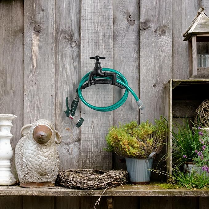 MyGift Wall Mounted Garden Hose Holder, Vintage Black Cast Iron Watering Tube Rack, Decorative Antique Faucet Hanging Hook Water Hosepipe Reel (Spigot Design)