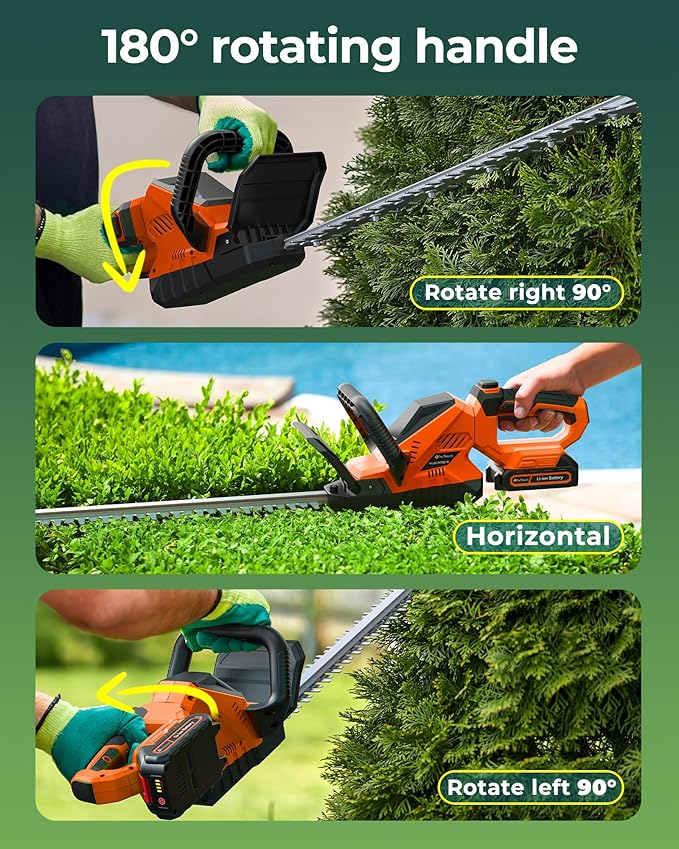 20'' Hedge Trimmer Cordless with Battery, 3000RPM Electric Handheld Bush Clipper with 2pcs 2000mAh Rechargeable Batteries, 180° Rotatable Head, 2/3'' Blade Gap Orange
