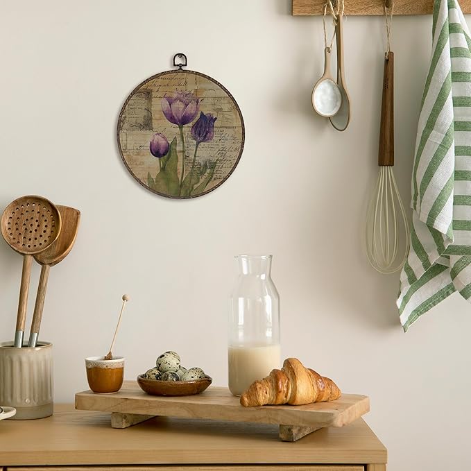 XNXLDYLH Vintage Purple Flower Round Framed Wall Art Decor, Rustic Retro Earthy Floral Bathroom Hanging Wall Decor Decorations, Botanical Tulip Canvas Prints Wall Art Pictures Paintings, 10x10 Inch
