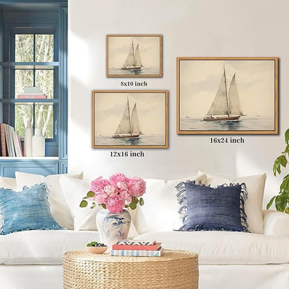 Floating Framed Canvas Wall Art, Vintage Sailboat Ocean Picture Wall Decor, White Sailboat Seascape Poster Print Painting for Living Room Bedroom Bathroom Office Home Decor 12x16 inch