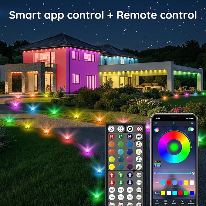 RGB Outdoor Ground Lights, 200Ft Color Changing Pathway Lights with Remote & App Control, Waterproof Walkway Lighting, Wired for Garden Yard Lawn Patio Best for Holiday Party