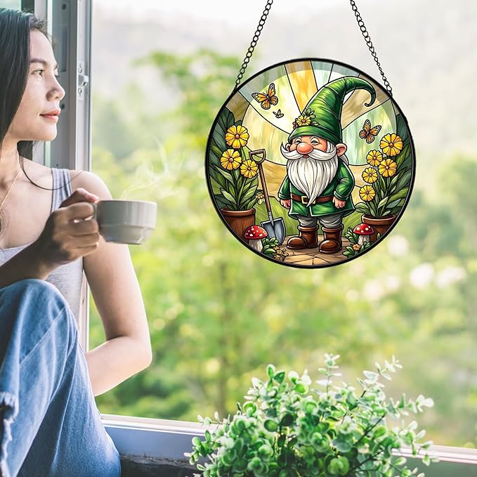 Stained Glass Window Hanging, Gnome in Garden Sun Catcher for Indoor Window Decoration with Flowers & Butterflies, Whimsical Stained Glass Decor Gift for Women and Men G51 (6.3'')