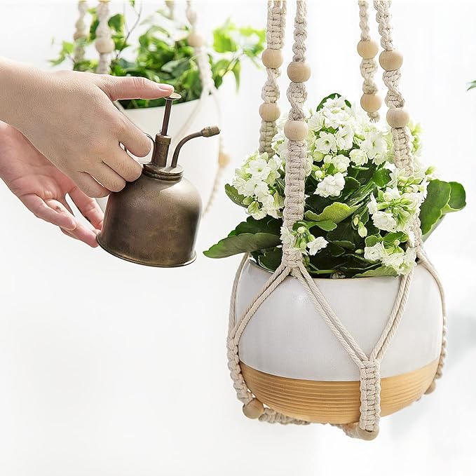 Mkono Macrame Plant Hanger Indoor Hanging Planter Basket with Wood Beads Decorative Flower Pot Holder No Tassels for Indoor Outdoor Boho Home Decor 35 Inch, Ivory, Set of 2 (POTS NOT Included)