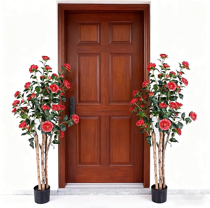 2pc 5ft Decorative Artificial Camellia Tree with Red Flowers, Potted Faux Floral Plant, Realistic Blooming Fake Plants for Indoor Outdoor Home Front Door Planter Decor