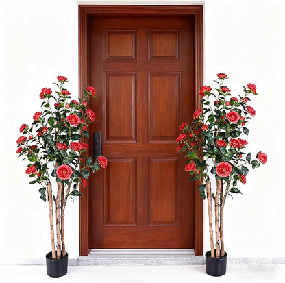 2pc 5ft Decorative Artificial Camellia Tree with Red Flowers, Potted Faux Floral Plant, Realistic Blooming Fake Plants for Indoor Outdoor Home Front Door Planter Decor
