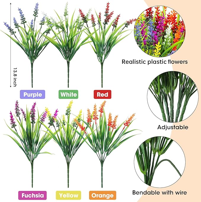 Ouddy Decor 24 Bundles Artificial Flowers for Outdoors, Fake Lavender Flowers Monkey Grass Faux Plastic Plants Shrubs UV Resistant for Porch Garden Window Box Office Home Decorations, Mixed