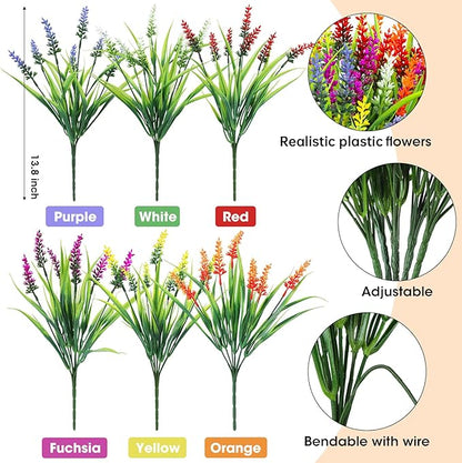Ouddy Decor 24 Bundles Artificial Flowers for Outdoors, Fake Lavender Flowers Monkey Grass Faux Plastic Plants Shrubs UV Resistant for Porch Garden Window Box Office Home Decorations, Mixed