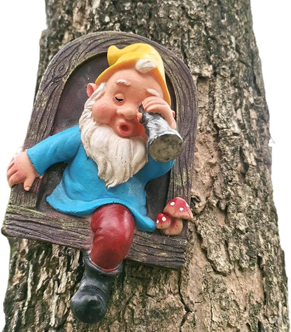 Gnome Open The Door Garden Decor Resin Tree Faces Decor Outdoor Fairy Garden Patio Lawn Porch (Blue Telescope)