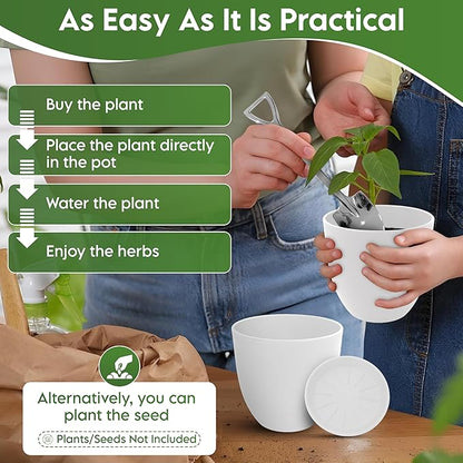 Indoor Garden Kit - Plant Pots with Drainage, Watering Can & Tools - Ideal Windowsill Planter Set - Modern Home & Kitchen Decor Gift - White