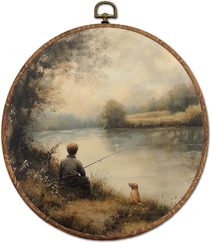 DEQSX Vintage Farmhouse Lakeside Round Wall Art, Rustic Countryside Little Boy Fishing with Dog Wall Decor Canvas Prints Posters for Home Bedroom Living Room, 10x10 Inches