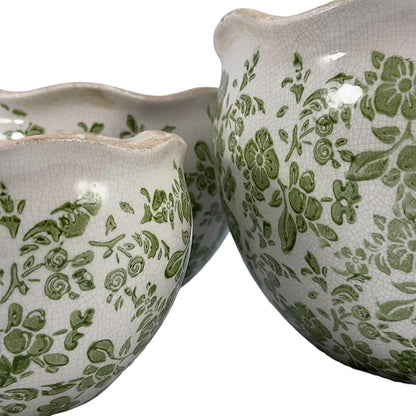 Galt International Ceramic Plant Pots Set of 3 Rustic Vintage Farmhouse Cream Crackle Glaze (11"/ 9.6"/ 7") Garden Indoor Outdoor Flower Planter w/Drainage Hole (Vintage Green)