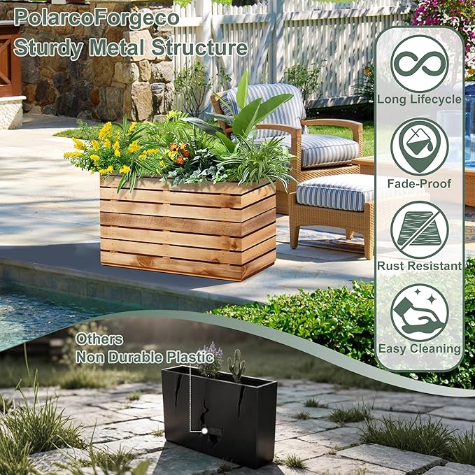 Metal Rectangular Outdoor Planter Box with Drainage Holes, Tall & Large Black Planters for Outdoor Plants, Flowers, Trees (30" L x 12" W x 24" H, Walnut Wood Grain)