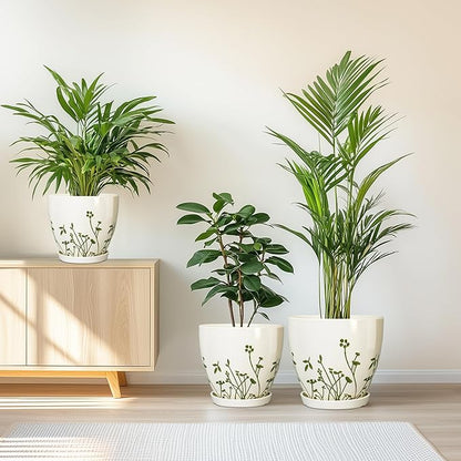 Ceramic Planters for Indoor Plants - 10+8+6 Inch Plant Pots with Drainage Holes and Saucers, Decorative Boho Round Outdoor Planters, Garden Decor, Gardening Gifts for Women Men, Set of 3, White