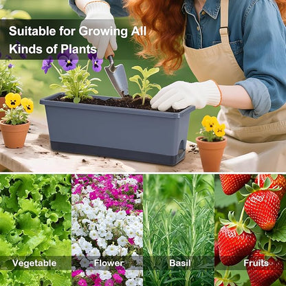 Window Box Planter 4 Packs, 17 Inches Rectangle Flower Pots with Drainage Holes & Trays, Pots for Vegetables, Herbs, Flowers, Garden Windowsill Balcony (Grey, 17 * 5.1 * 6 inch)