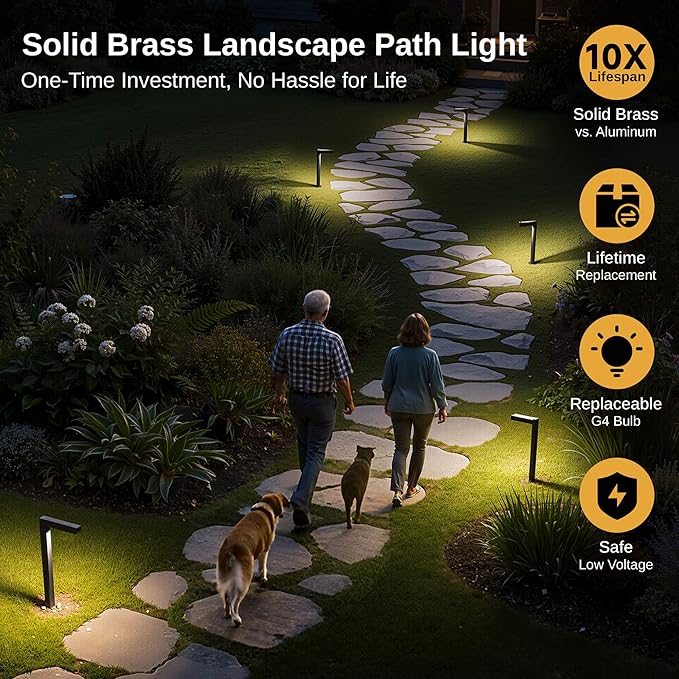 Gardenreet Brass Black Low Voltage Garden Lights, Outdoor Landscape Pathway Light, 12V LED AC/DC Bronze L Shape Path Lamp for Sideway House Walkway with 3W 270LM 4000K G4 Bulb 8 Pack