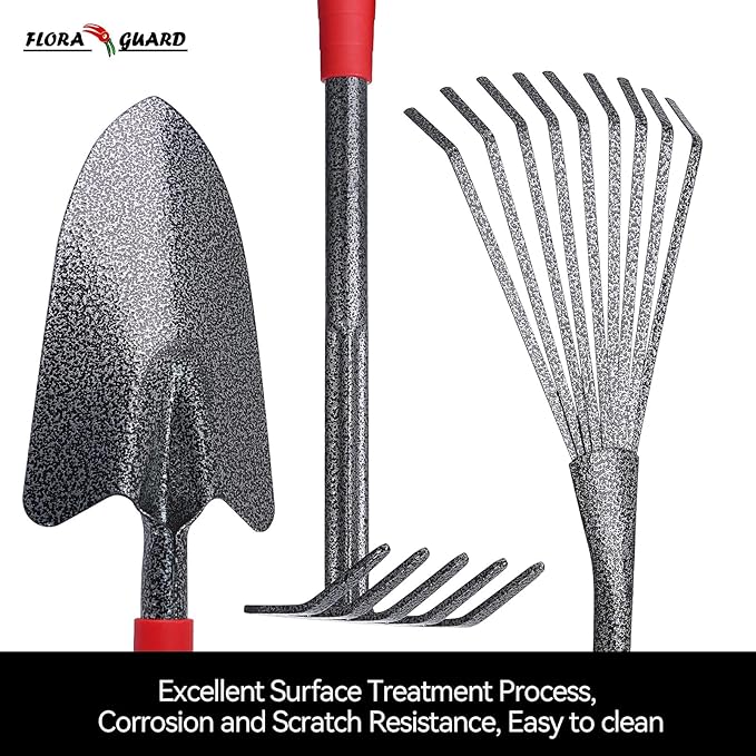 FLORA GUARD Garden Tool Set, 6-Piece Heavy Duty Gardening Hand Tools with Soft Rubber Handle, Includes Trowel, Rake, 2-in-1 Hoe & Crack Weeder, Durable Yard Tools, Essentials Garden Gift for Men Women
