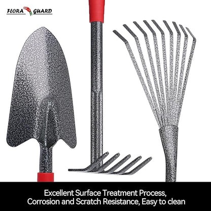 FLORA GUARD Garden Tool Set, 6-Piece Heavy Duty Gardening Hand Tools with Soft Rubber Handle, Includes Trowel, Rake, 2-in-1 Hoe & Crack Weeder, Durable Yard Tools, Essentials Garden Gift for Men Women