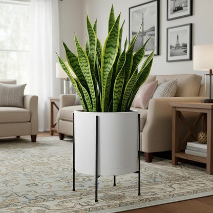 D'vine Dev 16 Inch White Planter Pot with Stand – Modern Plastic Cylinder Flower Pot with Heavy-Duty Metal Stand for Indoor Plants, 55-D-A-5