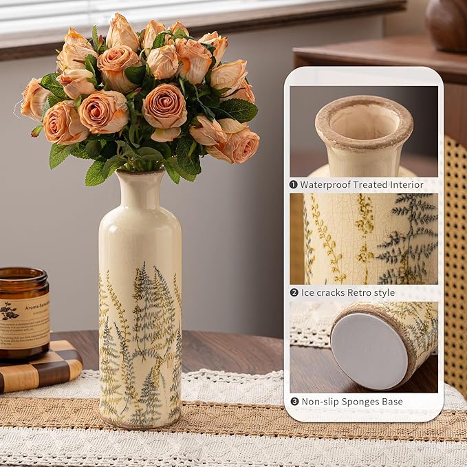 Ceramic Vase Set of 3, Vintage Green Floral Beige Vases, Rustic Chinoiserie Decorative Vases for Home Decor, Living Room, Kitchen, Wedding Gifts, Shelf Decor, Farmhouse Ceramic Vases for Home Decor