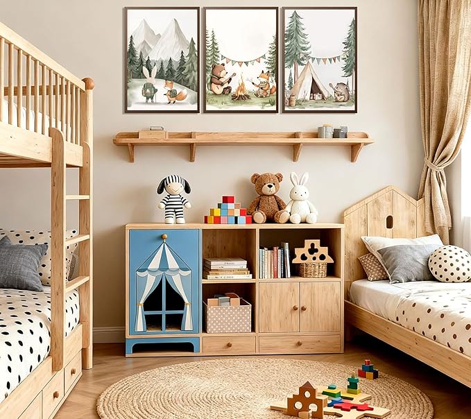 3Pcs Woodland Animal Nursery Wall Art Fox Bear Rabbit Hedgehog Paintings Pictures Safari Wall Decor Poster Prints Forest Animals Camping Campfire Artwork for Boys Kids Girl Room Decoration 16x24