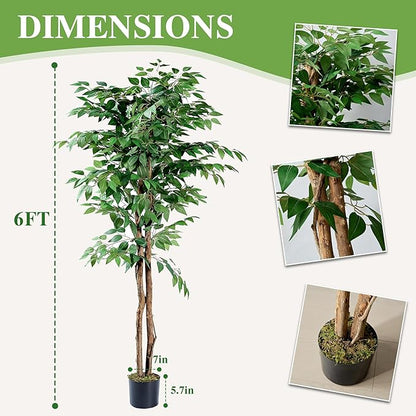 VECELO Ficus Tree Artificial 6 Feet, Tall Faux Tree in Pot, Fake Floor Plant with Realistic Tree Branch & Silk Leaves for Home Office Indoor Decor